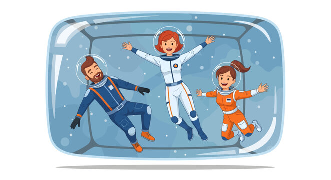 Three astronauts floating in zero gravity space