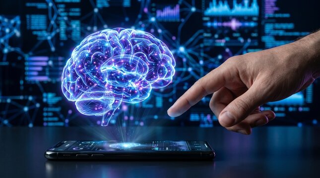 Hand pointing at glowing AI brain hologram above smartphone showing deep learning visualization and data streams.