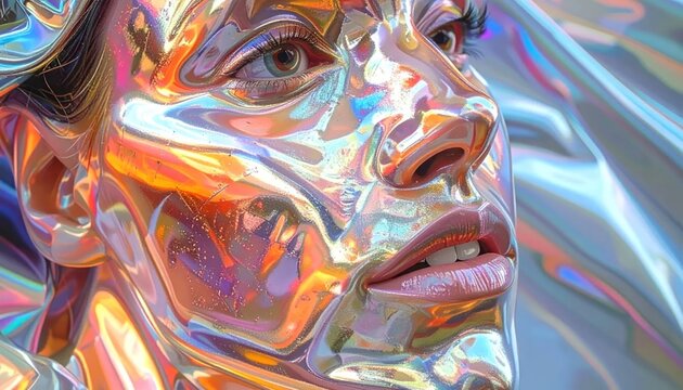 Abstract Metallic Human Face with Iridescent Reflections.