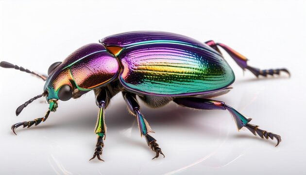 macro photograph of a jewel beetle with iridescent purple and green wings showcasing intricate details of its exoskeleton against a white background