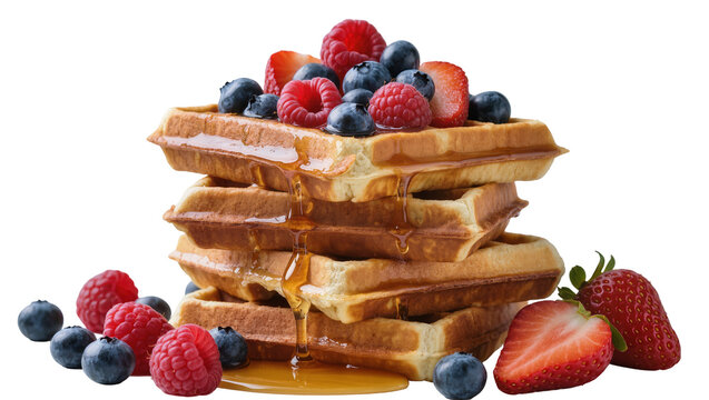Stack of golden waffles with fresh berries and dripping syrup, isolated on transparent background