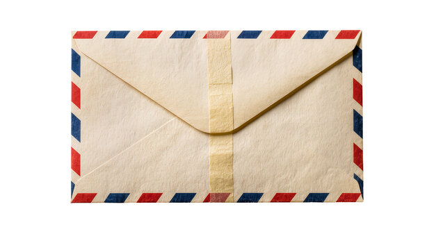 Vintage airmail envelope with red and blue stripes sealed with tape, isolated on transparent background