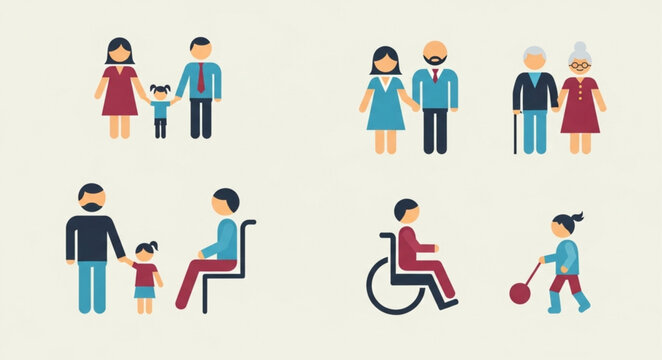 Diverse family groups and individuals depicted in flat design style.