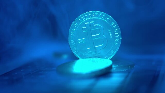 Round digital currency token rests on a keyboard. Blue light glows around it. Focus is sharp. Ideal for crypto news. Modern tech theme fits. Close-up of the token on a dark keyboard