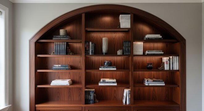 Dark wooden arched built-in bookshelf showcases a curated collection of books and decor.