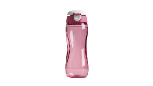 Pink plastic water bottle with white and pink flip-top lid, isolated on transparent background