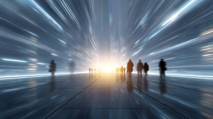 A group of professional silhouettes stand together in a futuristic plaza bathed in an inspiring burst of light symbolizing collabo n and new