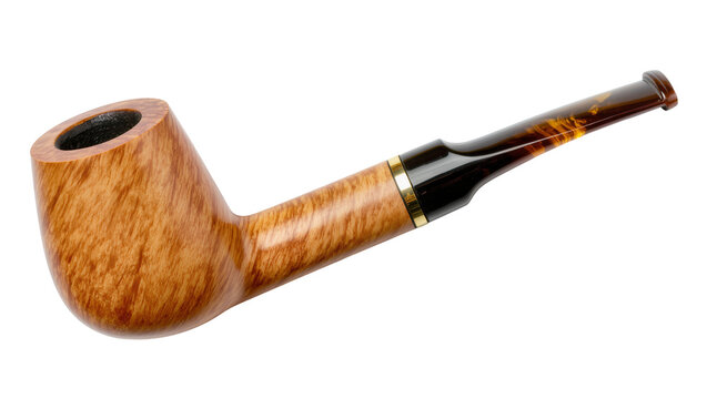 Classic briar wood smoking pipe with amber-colored mouthpiece, isolated on transparent background