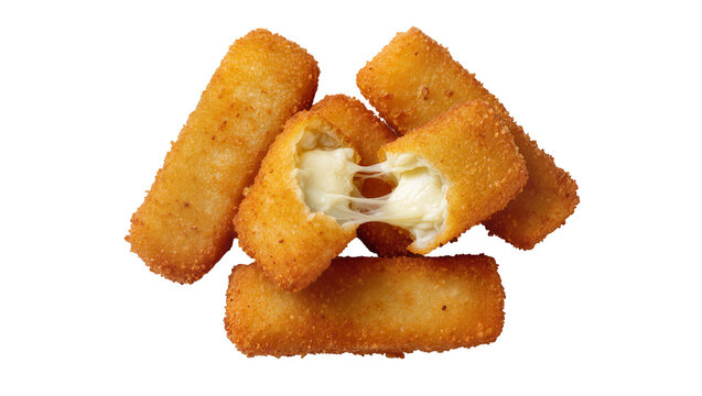 Golden crispy fried mozzarella cheese sticks with melted gooey cheese, isolated on transparent background