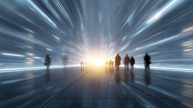 A group of professional silhouettes stand together in a futuristic plaza bathed in an inspiring burst of light symbolizing collabo n and new