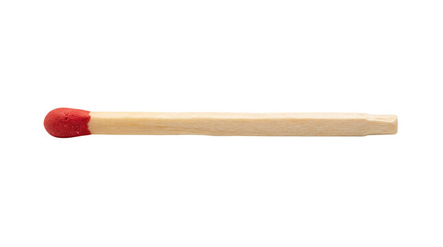 Close-up of lit matchstick with glowing red ember against white background, minimalist fire concept