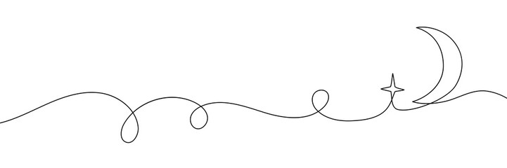 Obraz premium Continuous one line moon star sleep drawing eid outline illustrator. Moon star vector hand sky simple poster crescent twilight night single sketch cloud flag drawn abstract sign white design linear