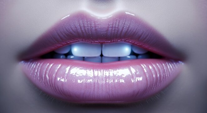 Close-up of glossy pink lips with metallic silver braces on teeth, soft lighting