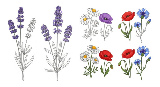 Botanical Illustrations of Lavender Poppies Cornflowers and Daisies.