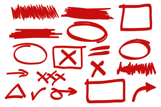Highlight marker pen element set. marker and brush stroke with highlight underline, check arrow and round circle
