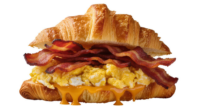 Flaky croissant sandwich with scrambled eggs crispy bacon and melted cheese, isolated on transparent background