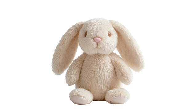 Fluffy cream plush bunny toy with pink nose, isolated on transparent background