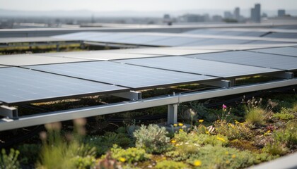 Obraz premium Medium shot of industrial complex rooftop with solar canopies focus on shimmering panels surrounded by blurred green roof plants promoting renewable energy lease sites.