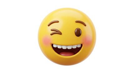 Fototapeta premium 3d yellow smiling emoji face with rosy cheeks and closed eyes expressing happiness and joy