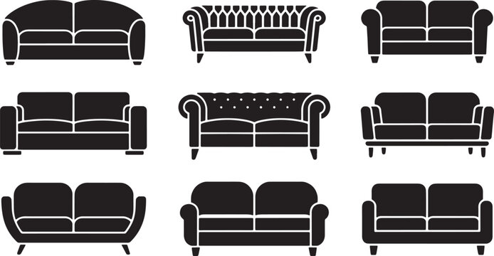 Group of black sofas with tufted and smooth backs in various shapes for living room decor and furniture design Vector Illustration