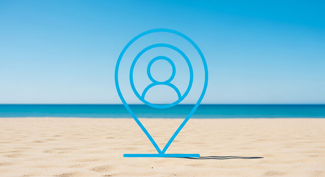 Blue location pin icon with person silhouette and proximity rings on a sunny beach background - travel and geo-tagging concept with blue sky with remote location