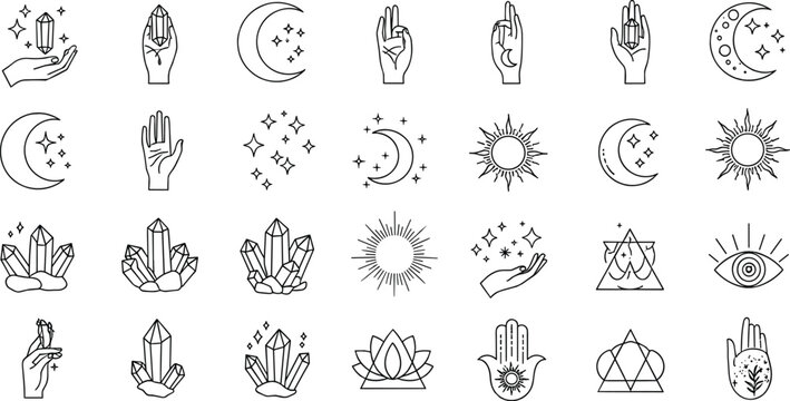 Minimalist celestial hand and crystal vector icon set with mystical monoline moon and sun