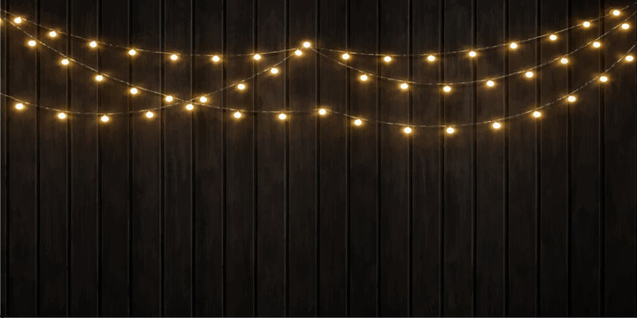 Gold stage curtains with a spotlight illuminate a textured brown wooden floor and timber panel wall backdrop to create a striped pattern design for a Christmas card wallpaper concept