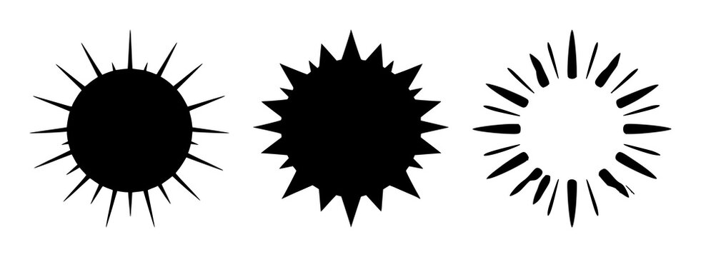 Brightness sun icon set with solid black graphic on white background featuring sun symbol, mood light, iconography with daytime and illumination