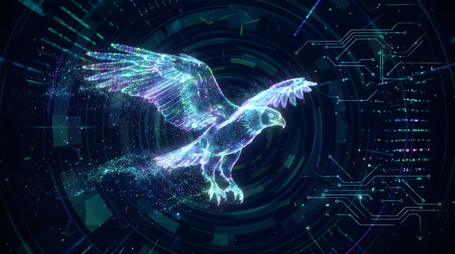 Futuristic holographic eagle illustration with abstract digital circuits and data streams