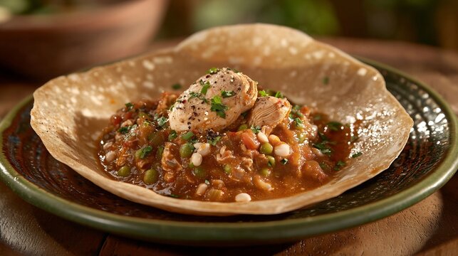 Savory sourdough injera bread topped with flavorful stew and seasoned chicken, culinary delight