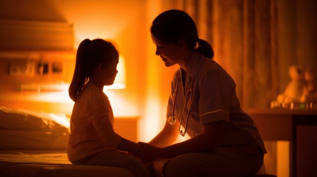 A warm and intimate moment between a nurse and a young girl in a softly lit room