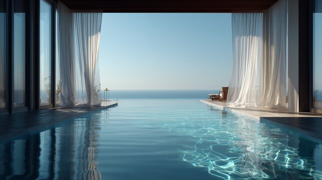 A stunning indoor infinity pool with sheer curtains offers a breathtaking view of the calm ocean under a clear blue sky.
