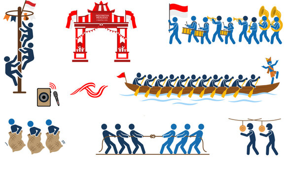 Indonesia Independence Day Games and Cultural Elements Vector Bundle HUT RI Illustration Set