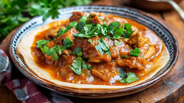 Hearty sourdough injera with tender meat stew, garnished with fresh herbs, a flavorful meal