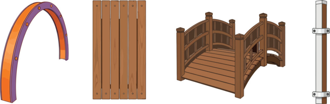 Wooden Bridge and Fence Element Set with Arch Structure, Plank Panels, and Outdoor Construction Parts for Garden, Park, and Landscape Design