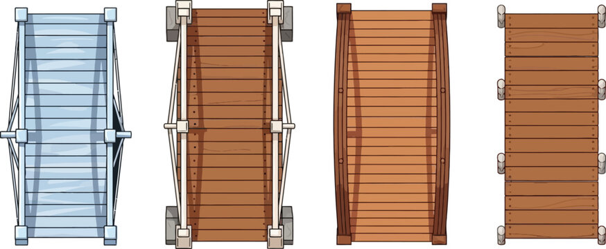 Wooden Bridge Top View Set with Rope Suspension and Plank Path Illustrations for Game Assets, Map Design, Adventure Scenes, UI Elements, and Environment Graphics