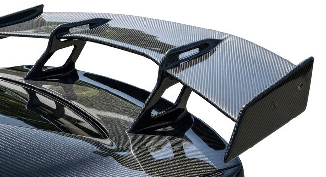 Carbon fiber rear wing spoiler is mounted on the back of a high performance sports car.