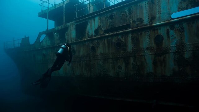 Scuba diver exploring large underwater shipwreck. Professional diver swimming along rusted boat hull in deep ocean. Marine adventure and discovery concept with dramatic lighting in murky blue water
