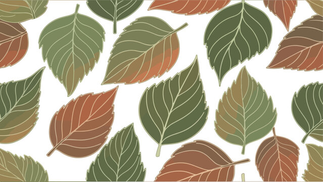 Colorful autumn leaves pattern with green and brown birch tree foliage