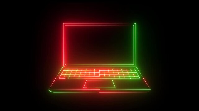 Neon Laptop icon isolated Glowing neon line. Animation of red and orange colour neon laptop icon on black background,4k animation.....