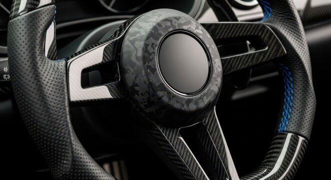 Carbon fiber steering wheel features forged patterns and leather accents in a modern vehicle interior.