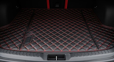 Fototapeta premium Custom quilted black leather trunk liner with red stitching is installed in a modern vehicle cargo area.