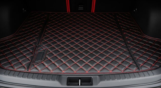 Custom quilted black leather trunk liner with red stitching is installed in a modern vehicle cargo area.