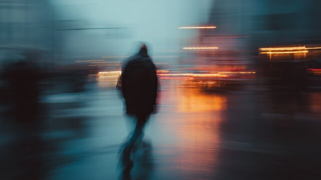 A solitary figure moves through a blurred cityscape, highlighted by streaks of light and reflections on wet pavement.