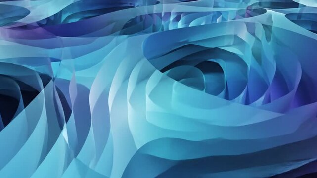 Abstract layered blue and cyan ribbons creating a futuristic digital ocean wave tunnel for visual effects or backgrounds