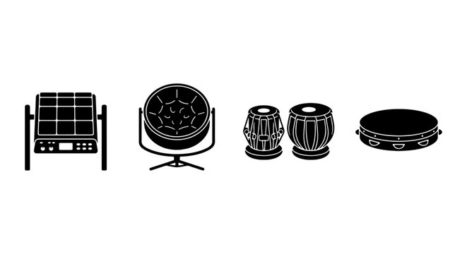 Percussion musical instruments vector set, black silhouette icons of electronic drum pad, steelpan, tabla, and tambourine, rhythmic equipment collection