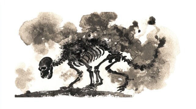 Artistic depiction of a skeleton with surrounding smoke on white background