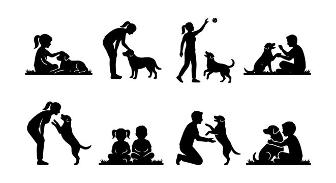 Black silhouettes of people and dogs, set of 8 icons showing human and pet interaction, family playing with puppy vector illustrations
