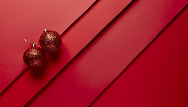 Two red christmas baubles on a red background with diagonal lines