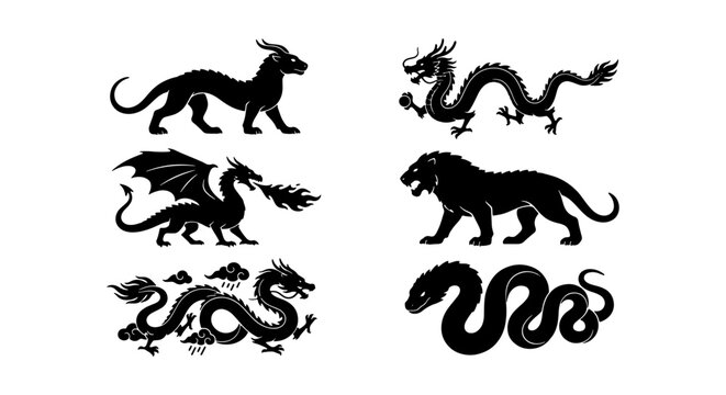 Mythical creature silhouettes set, black dragon and lion icons, 6 fantasy animal vector elements, traditional heraldic monsters and serpent symbols